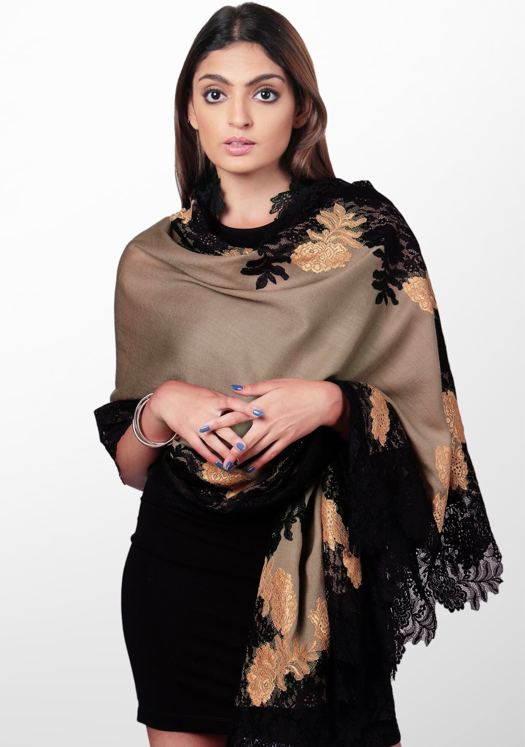 Natural Wool & Silk Scarf Black & DK. Gold Double Color Lace